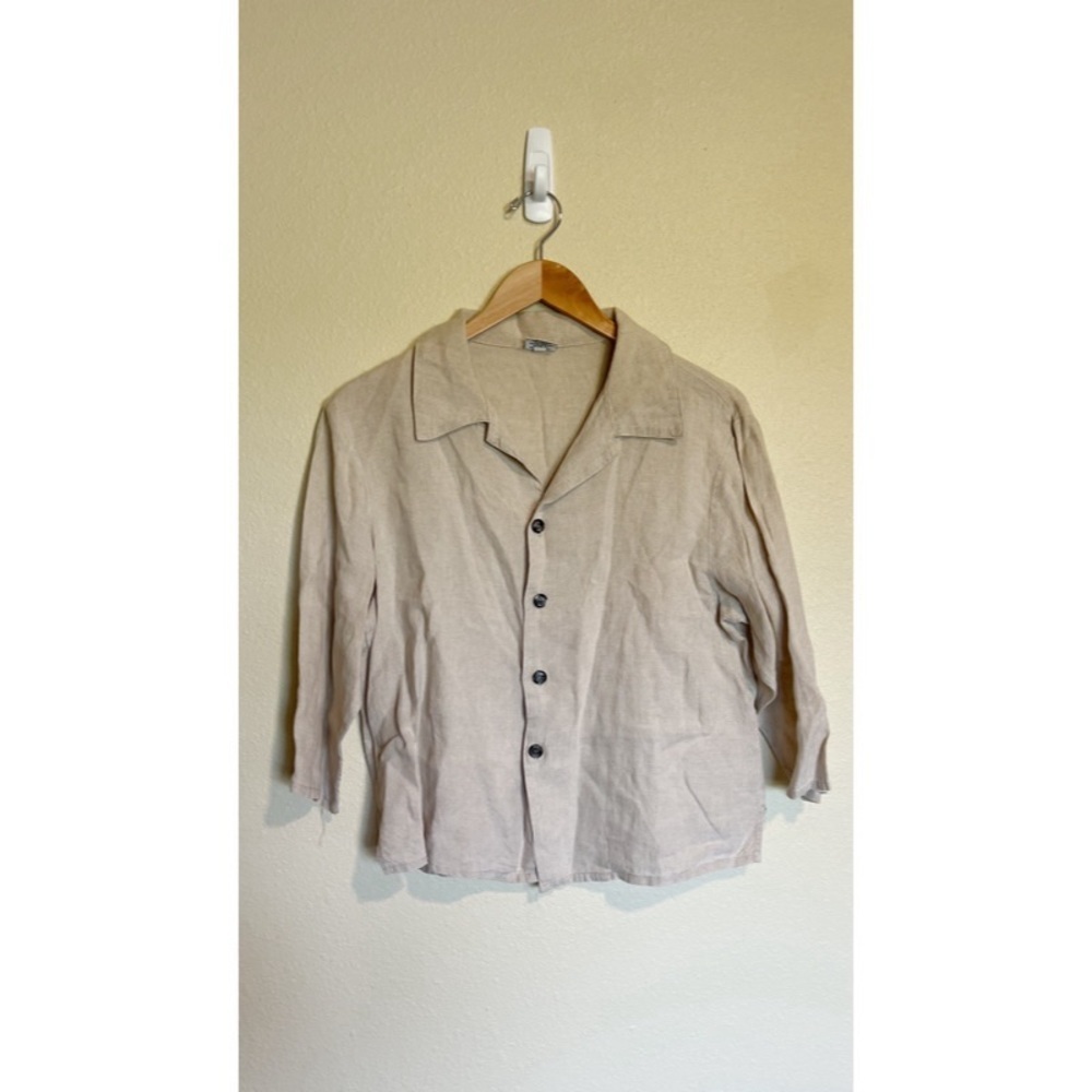 CP Shades Women's Beige Linen Button Front Short Sleeve Blouse S